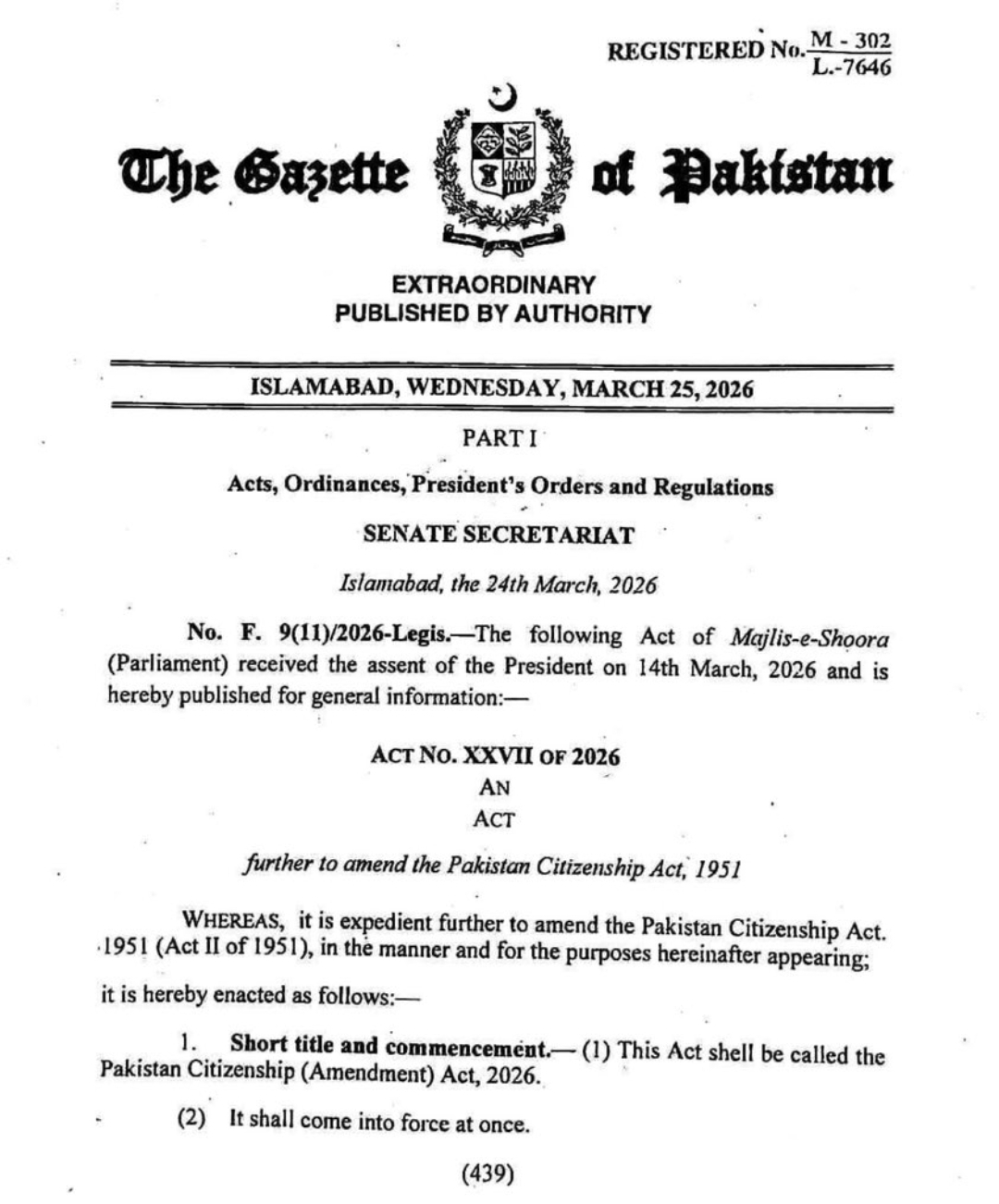 Pakistan Amends Citizenship Law to Grant Nationality Through Either Parent