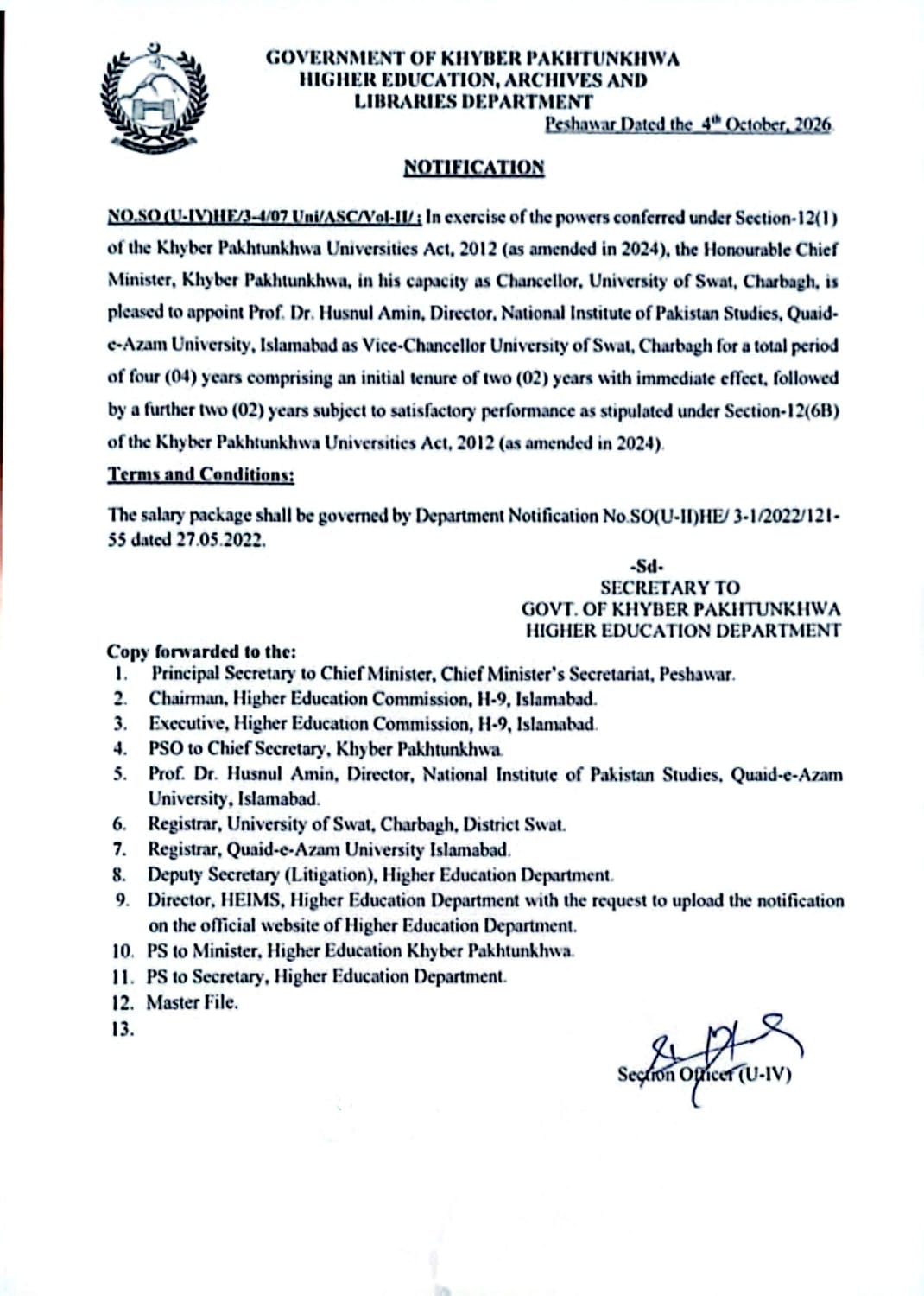 New VCs Appointed at Various Universities in KPK 